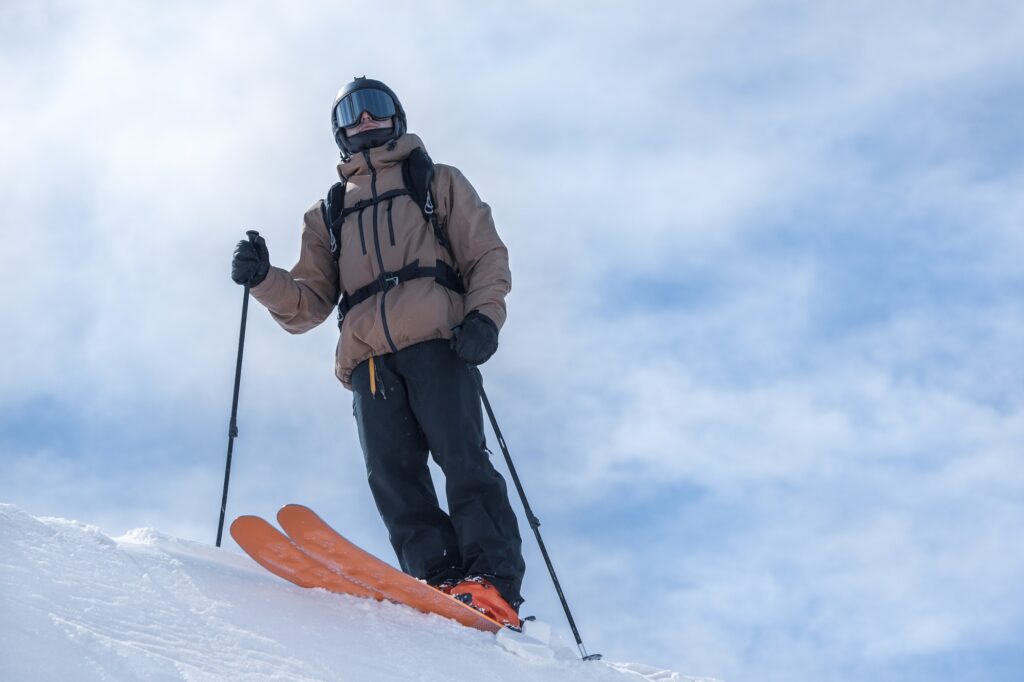 Closeup shot of a young male skiing in the Pyrenees at the Grandvalira ski resort in Andorra