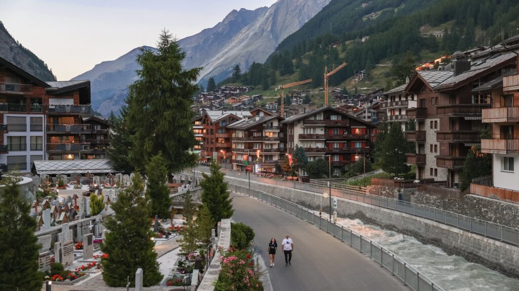 Evening stroll along the quiet streets of Zermatt in Switzerland