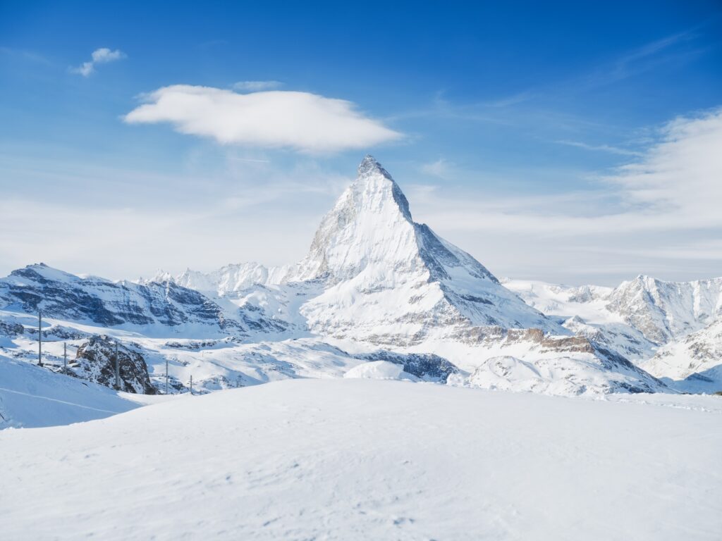 Matterhorn, Switzerland. Winter mountain landscape. A place for skiing. Zermatt ski resort.