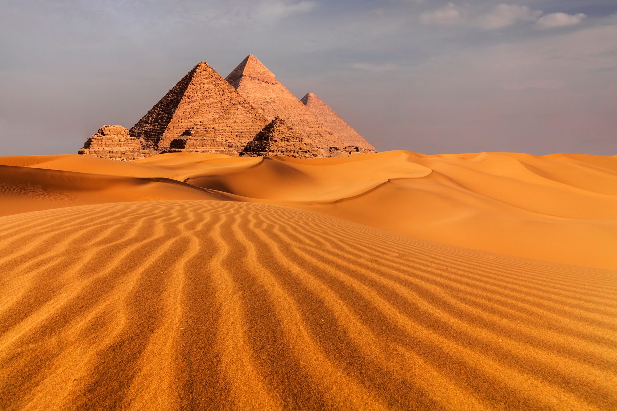 Sunset view of Pyramid complex of Giza, in Cairo, Egypt